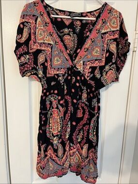 Angie Black Paisley V-Neck Short Dress with Pink & Coral Accents